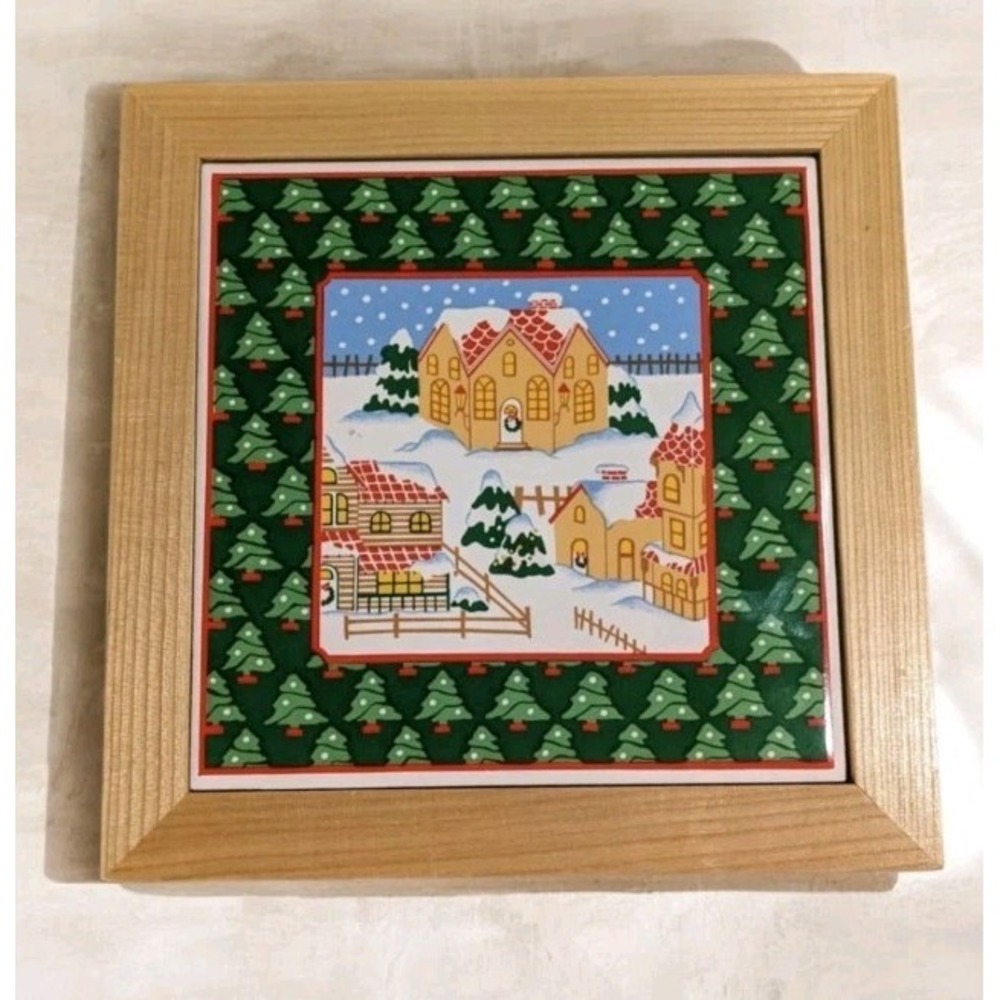 Vtg Christmas Trivet Ceramic Tile Japan Wall Art Snowy Holiday Neighborhood Tree